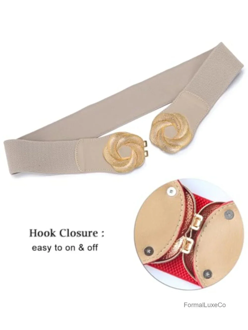 Wide Elastic Waist Belt with Gold Flower Buckle Stretchy Dressy Fashion Belt